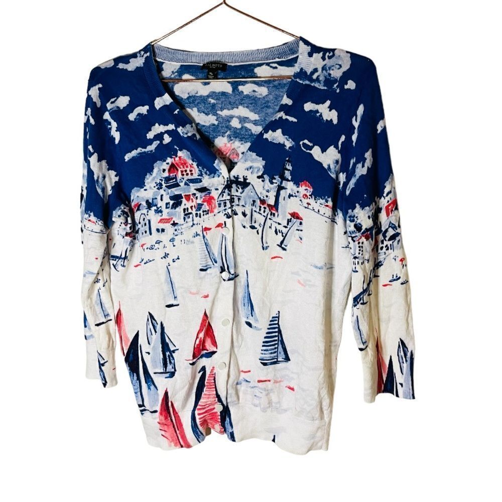 EUC Talbots Cream Sailboat Printed Cardigan Medium Petite